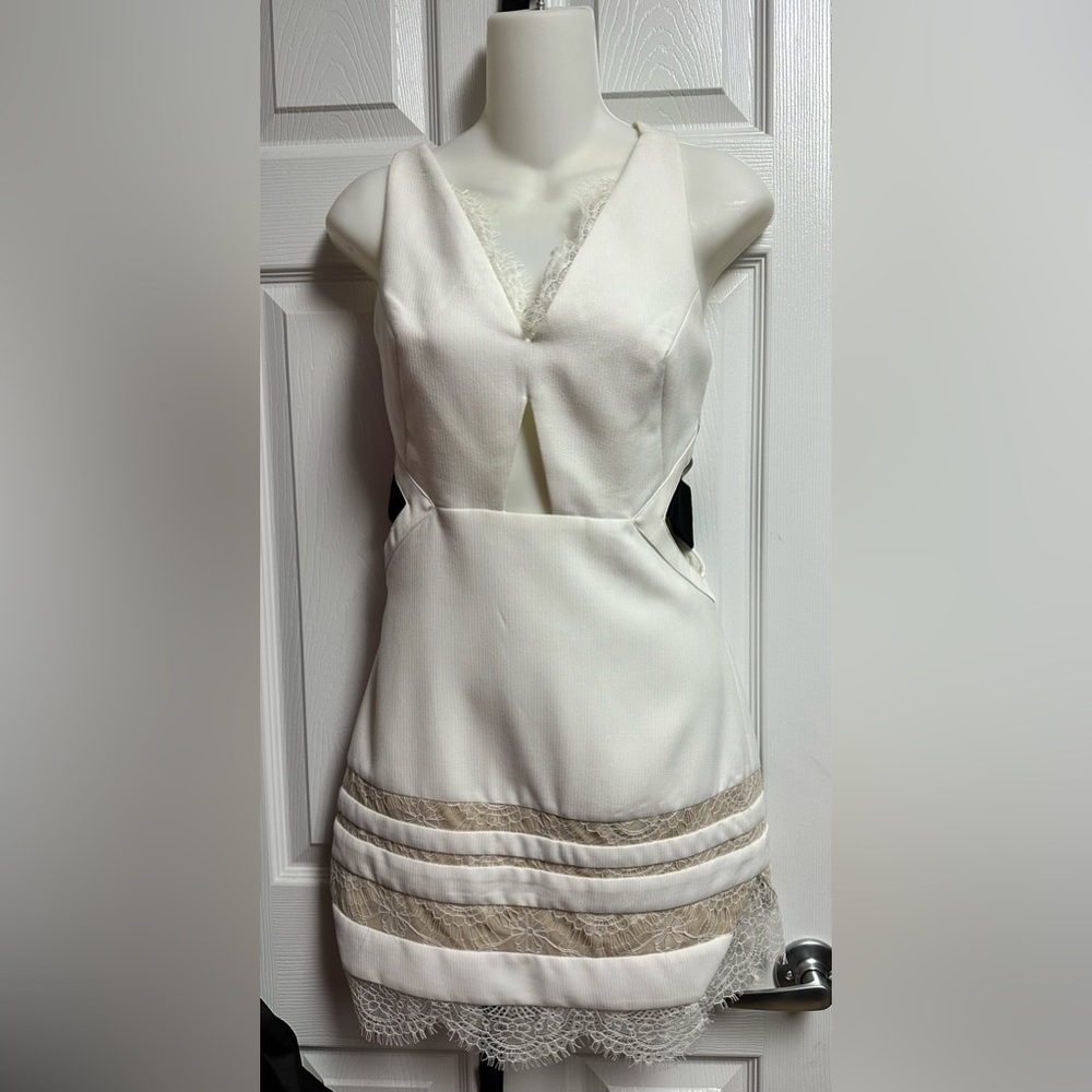 Three floor dress XXS US 2 UK 6 ivory lace cut out some stains